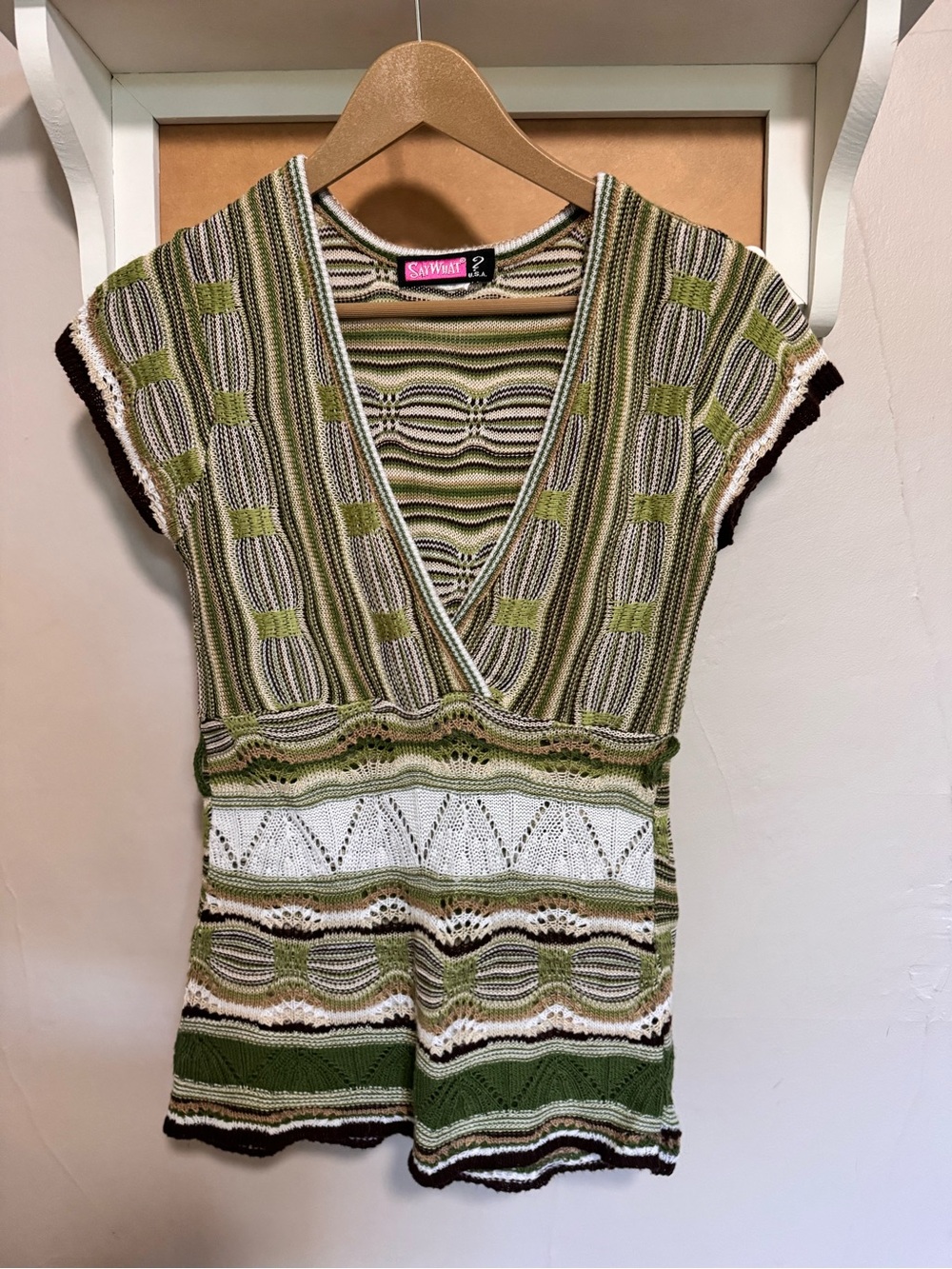 Say What Olive Green Patterned Knit Wrap Top